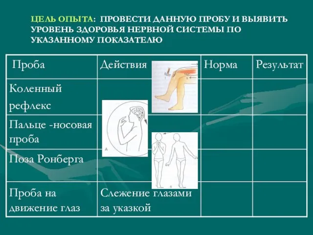 ЦЕЛЬ ОПЫТА: ПРОВЕСТИ ДАННУЮ ПРОБУ И ВЫЯВИТЬ УРОВЕНЬ ЗДОРОВЬЯ НЕРВНОЙ СИСТЕМЫ ПО УКАЗАННОМУ ПОКАЗАТЕЛЮ