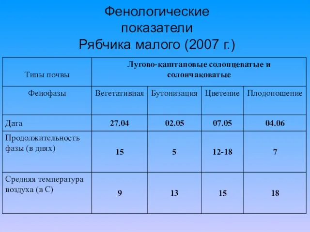 Фенологические показатели Рябчика малого (2007 г.)