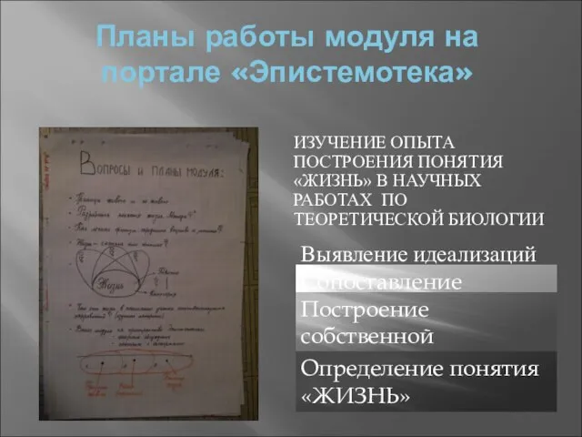 Планы работы модуля на портале «Эпистемотека» ИЗУЧЕНИЕ ОПЫТА ПОСТРОЕНИЯ ПОНЯТИЯ «ЖИЗНЬ» В