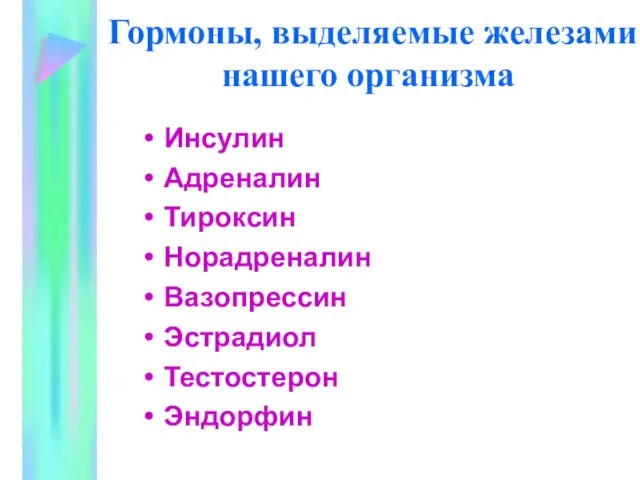 Гормоны, выделяемые железами нашего организма Инсулин Адреналин Тироксин Норадреналин Вазопрессин Эстрадиол Тестостерон Эндорфин