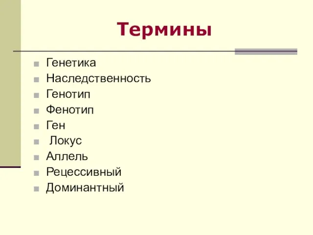 Термины Генетика Наследственность Генотип Фенотип Ген Локус Аллель Рецессивный Доминантный