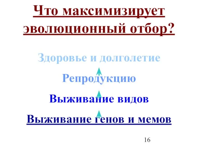 Что максимизирует эволюционный отбор? Здоровье и долголетие Репродукцию Выживание видов Выживание генов и мемов