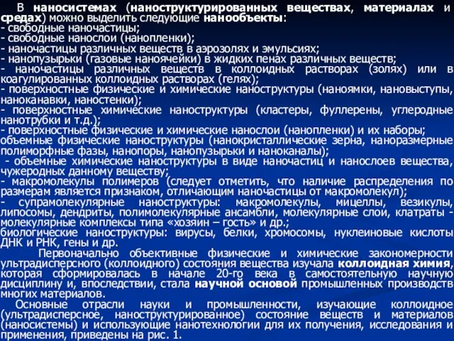 В наносистемах (наноструктурированных веществах, материалах и средах) можно выделить следующие нанообъекты: -