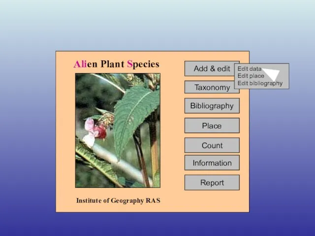 Information Count Add & edit Taxonomy Bibliography Place Report Alien Plant Species