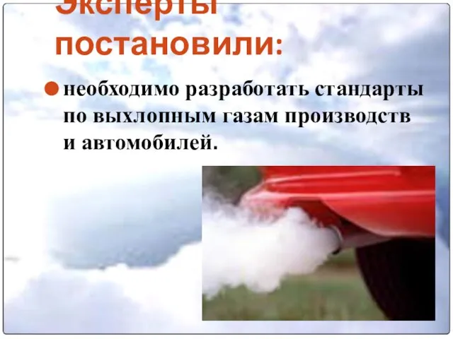 Эксперты постановили: необходимо разработать стандарты по выхлопным газам производств и автомобилей.