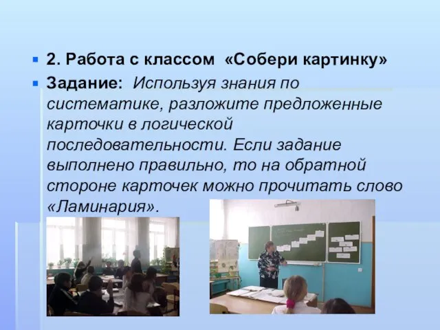 2. Работа с классом «Собери картинку» Задание: Используя знания по систематике, разложите