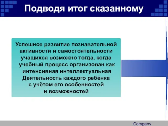 Company Logo Подводя итог сказанному Успешное развитие познавательной активности и самостоятельности учащихся