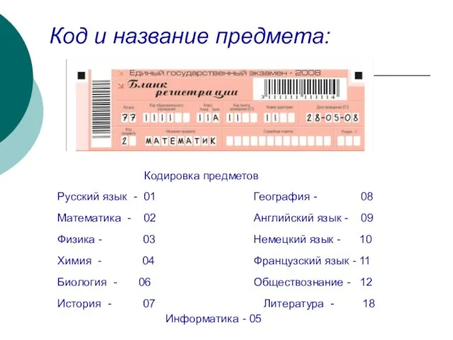 Код и название предмета: Кодировка предметов Русский язык - 01 Математика -