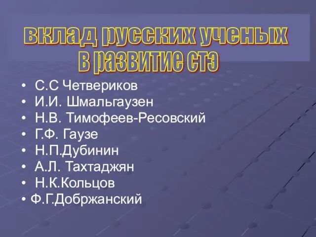 С.С Четвериков И.И. Шмальгаузен Н.В. Тимофеев-Ресовский Г.Ф. Гаузе Н.П.Дубинин А.Л. Тахтаджян Н.К.Кольцов