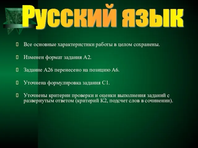 Все основные характеристики работы в целом сохранены. Изменен формат задания А2. Задание