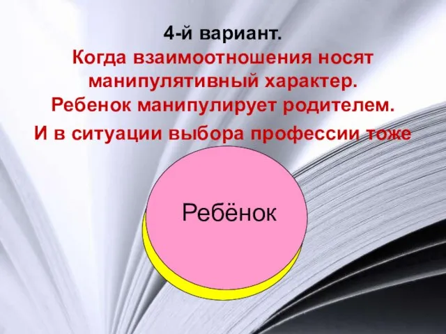 4-й вариант. Когда взаимоотношения носят манипулятивный характер. Ребенок манипулирует родителем. И в ситуации выбора профессии тоже