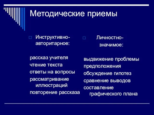 Методические приемы Инструктивно-авторитарное: рассказ учителя чтение текста ответы на вопросы рассматривание иллюстраций