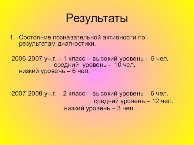 Результаты Состояние познавательной активности по результатам диагностики. 2006-2007 уч.г. – 1 класс