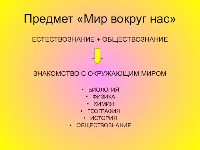 Предмет «Мир вокруг нас» ЕСТЕСТВОЗНАНИЕ + ОБЩЕСТВОЗНАНИЕ ЗНАКОМСТВО С ОКРУЖАЮЩИМ МИРОМ БИОЛОГИЯ