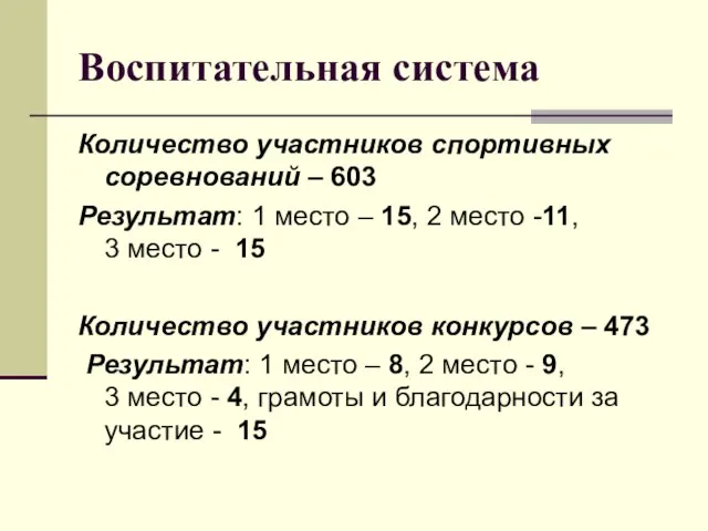 Воспитательная система Количество участников спортивных соревнований – 603 Результат: 1 место –