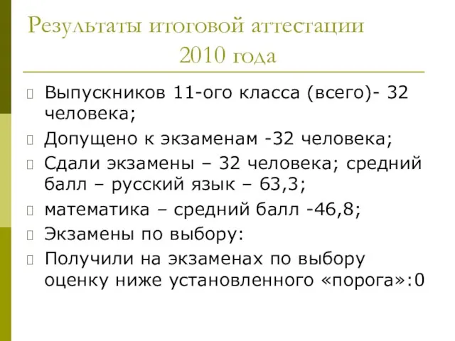 Результаты итоговой аттестации 2010 года Выпускников 11-ого класса (всего)- 32 человека; Допущено