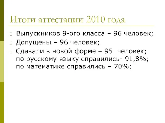 Итоги аттестации 2010 года Выпускников 9-ого класса – 96 человек; Допущены –