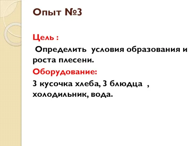 Опыт №3 Цель : Определить условия образования и роста плесени. Оборудование: 3