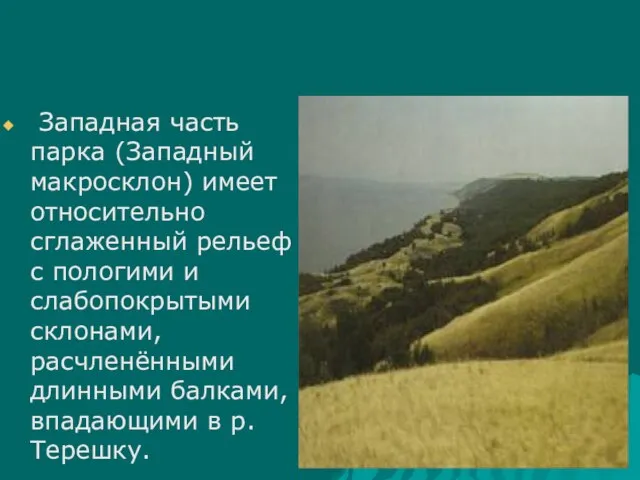 Западная часть парка (Западный макросклон) имеет относительно сглаженный рельеф с пологими и