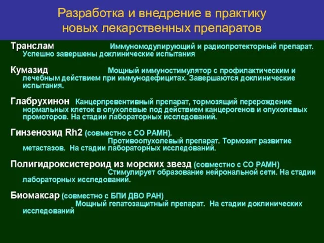 Разработка и внедрение в практику новых лекарственных препаратов