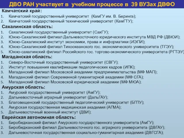 Камчатский край: Камчатский государственный университет (КамГУ им. В. Беринга); Камчатский государственный технический