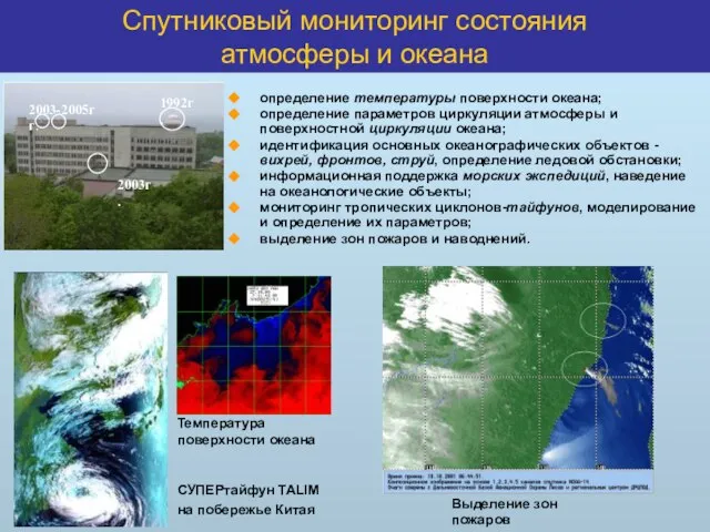 определение температуры поверхности океана; определение параметров циркуляции атмосферы и поверхностной циркуляции океана;