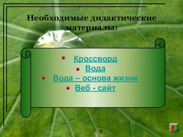 Необходимые дидактические материалы: Кроссворд Вода Вода – основа жизни Веб - сайт