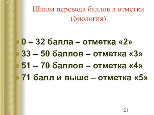 Шкала перевода баллов в отметки (биология) 0 – 32 балла – отметка