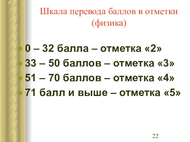 Шкала перевода баллов в отметки (физика) 0 – 32 балла – отметка