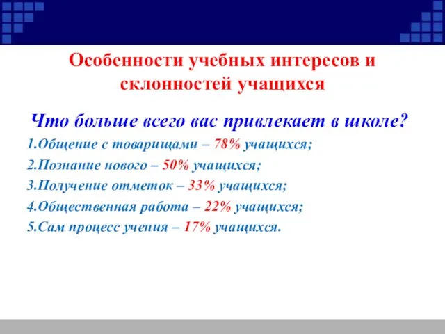 Особенности учебных интересов и склонностей учащихся Что больше всего вас привлекает в