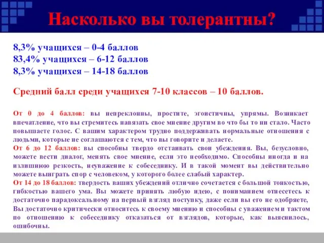 Насколько вы толерантны? 8,3% учащихся – 0-4 баллов 83,4% учащихся – 6-12