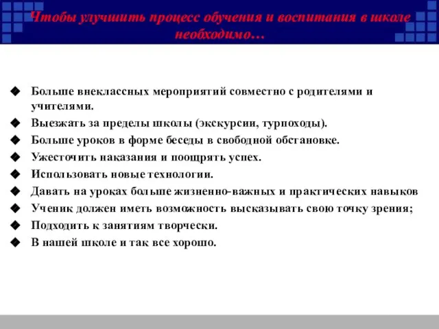 Чтобы улучшить процесс обучения и воспитания в школе необходимо… Больше внеклассных мероприятий