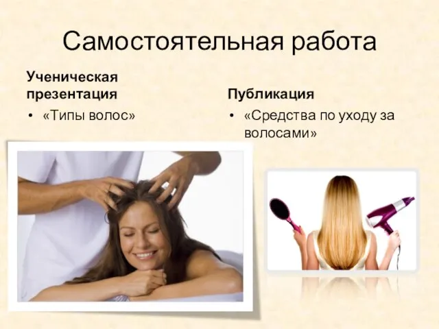 Самостоятельная работа Ученическая презентация «Типы волос» Публикация «Средства по уходу за волосами»