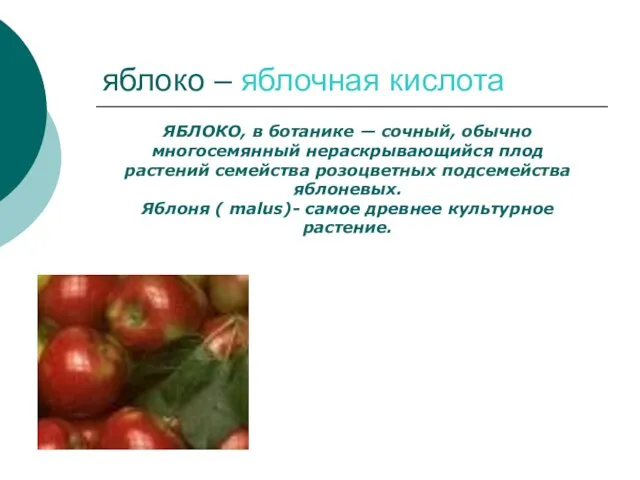 яблоко – яблочная кислота ЯБЛОКО, в ботанике — сочный, обычно многосемянный нераскрывающийся