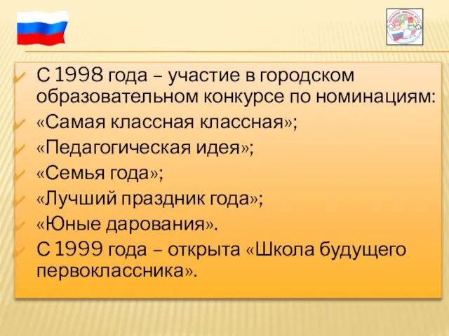 С 1998 года – участие в городском образовательном конкурсе по номинациям: «Самая