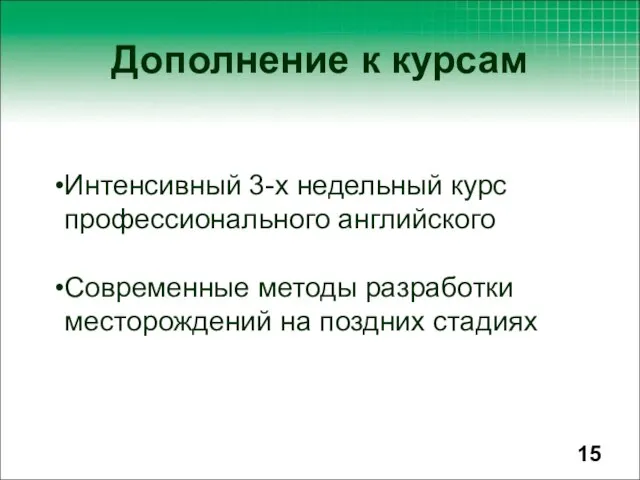 Интенсивный 3-х недельный курс профессионального английского Современные методы разработки месторождений на поздних стадиях Дополнение к курсам