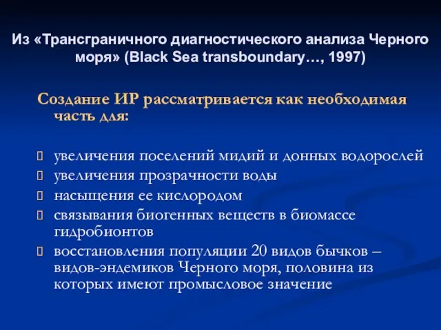 Из «Трансграничного диагностического анализа Черного моря» (Black Sea transboundary…, 1997) Создание ИР