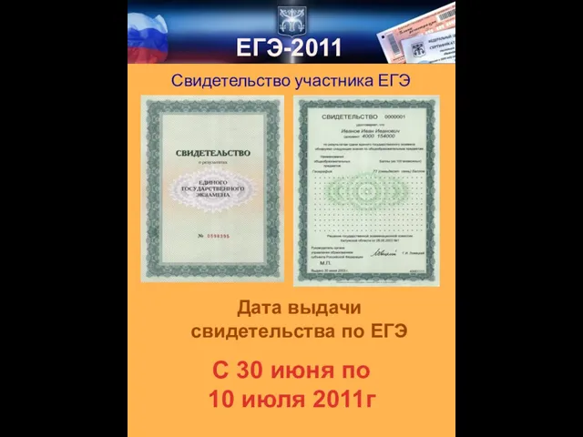 ЕГЭ-2011 Свидетельство участника ЕГЭ С 30 июня по 10 июля 2011г Дата выдачи свидетельства по ЕГЭ