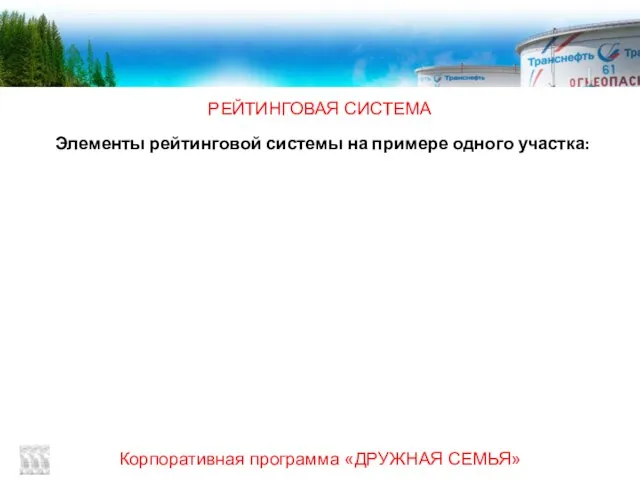 Корпоративная программа «ДРУЖНАЯ СЕМЬЯ» РЕЙТИНГОВАЯ СИСТЕМА Элементы рейтинговой системы на примере одного участка: