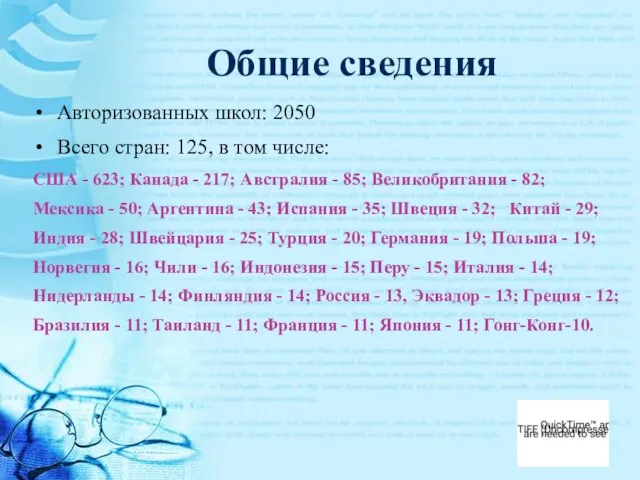 Общие сведения Авторизованных школ: 2050 Всего стран: 125, в том числе: США