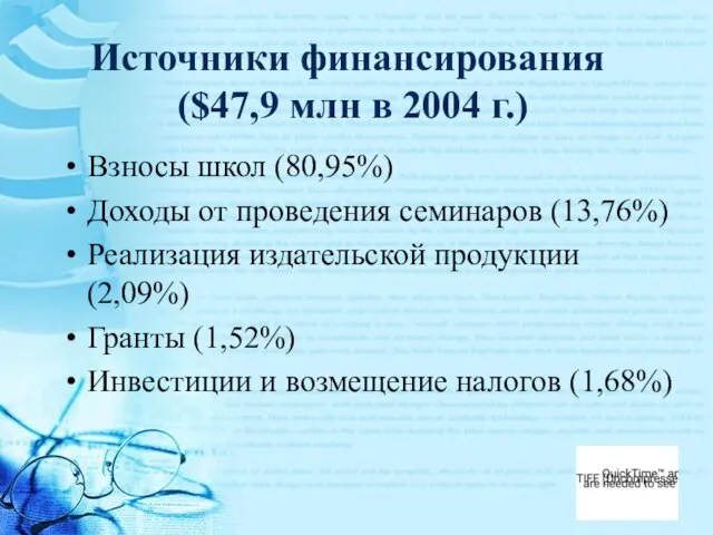 Источники финансирования ($47,9 млн в 2004 г.) Взносы школ (80,95%) Доходы от