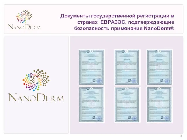 Документы государственной регистрации в странах ЕВРАЗЭС, подтверждающие безопасность применения NanoDerm® 8