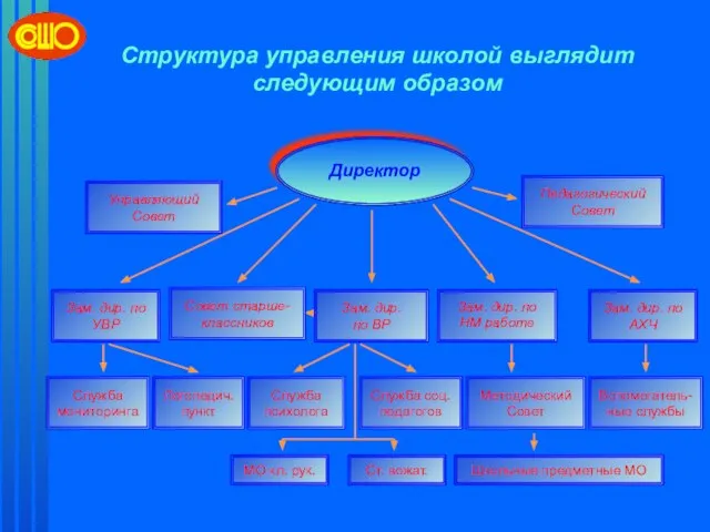 Структура управления школой выглядит следующим образом Управляющий Совет Педагогический Совет Директор Методический