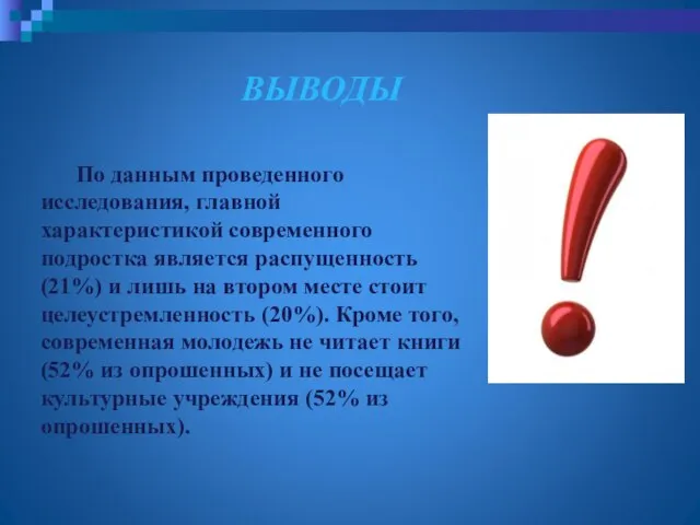 По данным проведенного исследования, главной характеристикой современного подростка является распущенность (21%) и