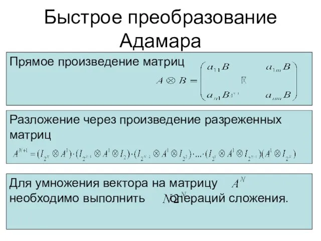 Для умножения вектора на матрицу необходимо выполнить операций сложения. Быстрое преобразование Адамара