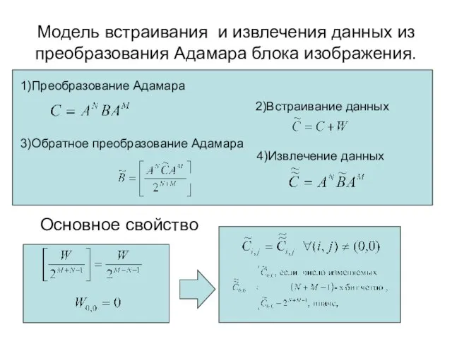 Модель встраивания и извлечения данных из преобразования Адамара блока изображения. 1)Преобразование Адамара