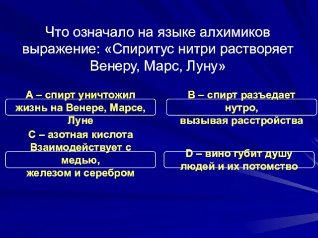 Что означало на языке алхимиков выражение: «Спиритус нитри растворяет Венеру, Марс, Луну»