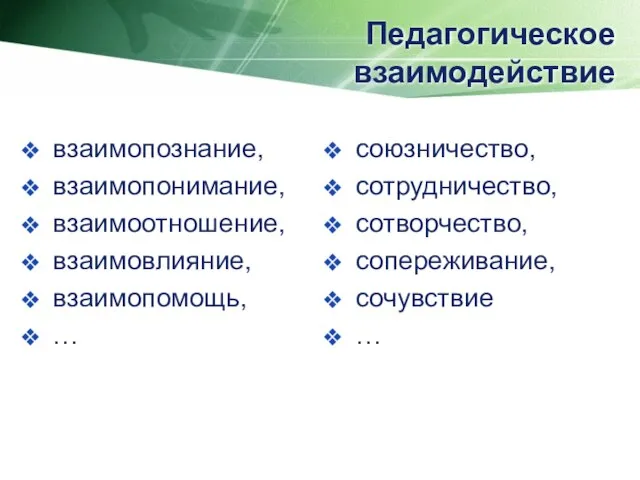 Педагогическое взаимодействие взаимопознание, взаимопонимание, взаимоотношение, взаимовлияние, взаимопомощь, … союзничество, сотрудничество, сотворчество, сопереживание, сочувствие …