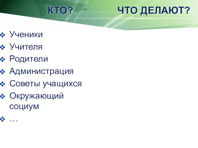 КТО? ЧТО ДЕЛАЮТ? Ученики Учителя Родители Администрация Советы учащихся Окружающий социум …