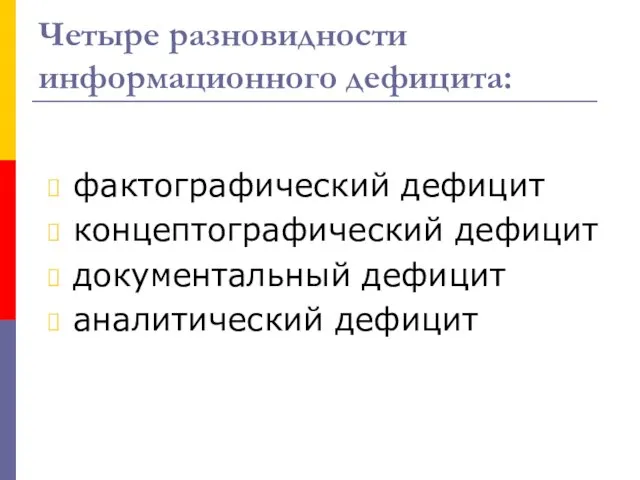 Четыре разновидности информационного дефицита: фактографический дефицит концептографический дефицит документальный дефицит аналитический дефицит